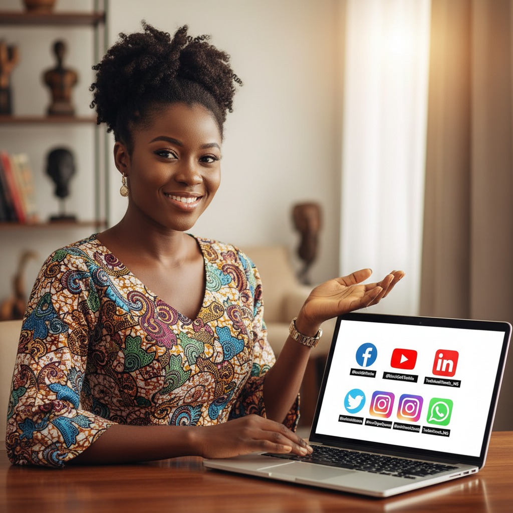 black Nigerian lady with a laptop showing all social media handles