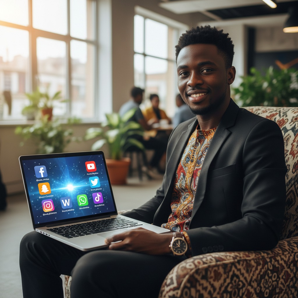 black Nigerian guy with a laptop showing all social media handles